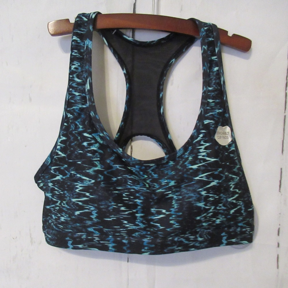 New Balance Sports Bra L Black Blue Print High Impact Padded Yoga Running Sport
